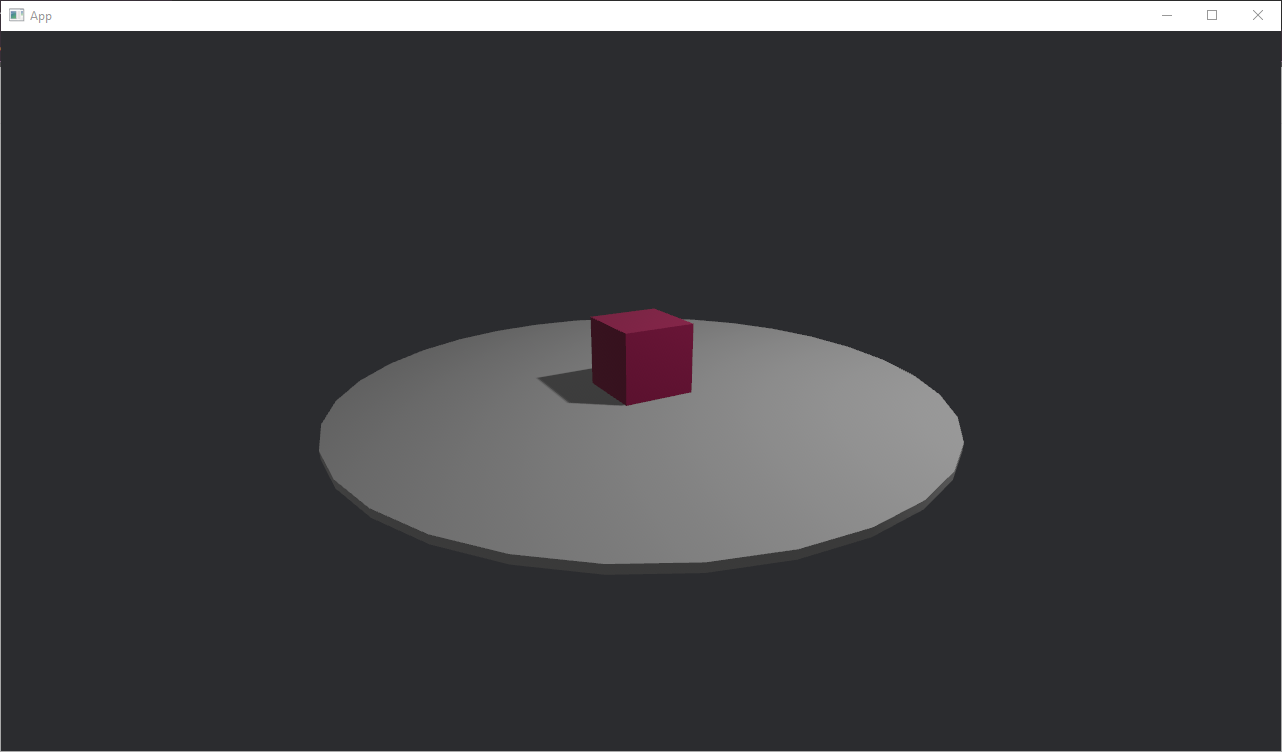 ( Omniartis demo week 1 development app screenshot. Contains a rendering of a dark pink cube on a circle, with shadows cast to the left )